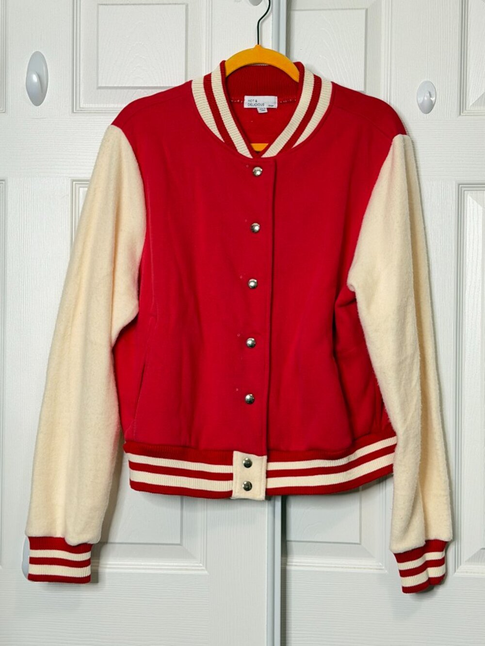 Red/White Plain Varsity Bomber Jacket- Men's Large